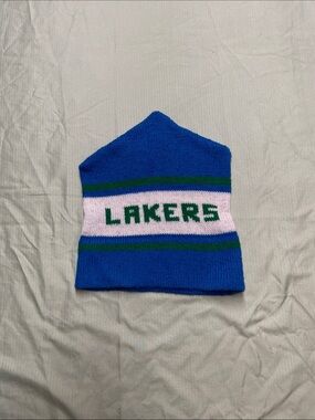 Blue 'LAKERS' Knit Beanie with Green and White Stripe
